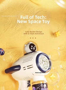 Close-up of astronaut rocket bubble gun toy with multi-hole output on yellow woven fabric