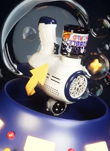 Close-up of astronaut bubble machine with liquid bottle and robot base in blue 3D setting