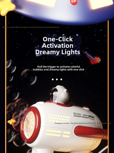 Macro shot of white astronaut spaceship bubble gun with colorful lights and space theme