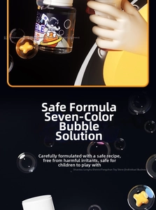 Close-up of refillable bubble solution bottle with astronaut theme and safety formula label