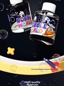 Close-up of space-themed bubble liquid refills with astronaut and rocket illustrations