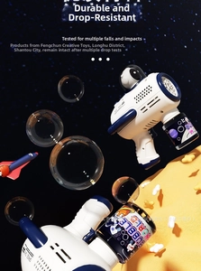 Close-up of astronaut bubble machine with tech design and blue bubble liquid bottle