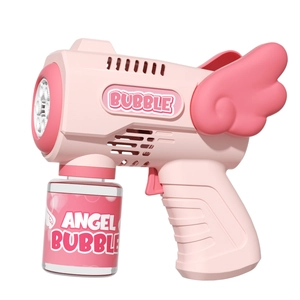 Pink angel wing automatic bubble machine toy with refill bottle on white background
