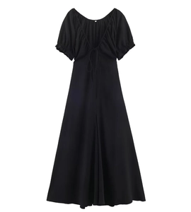 Close-up of black midi dress with V-neckline, puff sleeves, and lace-up chest detail