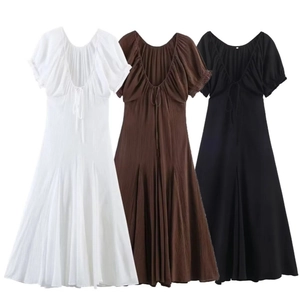 Midi Dress Pleated Fabric V-Neck Short Puff Sleeve Lace Up High Waist A-Line Swing Vacation Vintage For Women