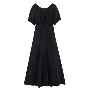 Black high-waisted midi dress with V-neck, lace-up front and puffed short sleeves