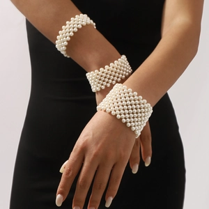 Elegant wide multi-row faux pearl stretch bracelet set for women, handcrafted bridal accessory