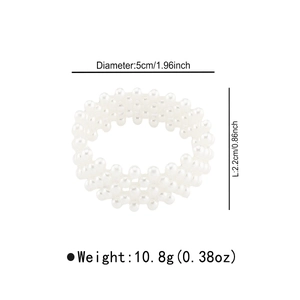 Detailed size and weight specs for a wide elastic faux pearl braided bracelet