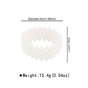 Detail shot of wide pearl stretch bracelet with dimensions and weight measurements