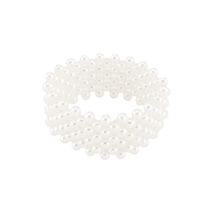 Detailed view of multi-layer stretch wide bracelet with polished white pearls