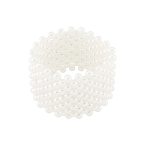Detailed view of multi-row elastic faux pearl beaded bracelet with woven design