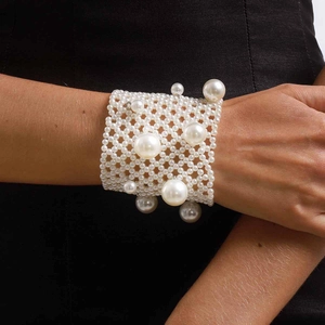 Elegant multi-strand cream white pearl wide cuff bracelet with layered woven beads