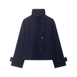 Detail of navy blue wool coat featuring a stand collar and large button closure
