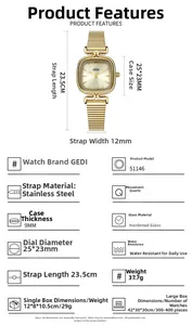 Détails techniques montre carrée dorée avec bracelet en maille et mouvement à quartz