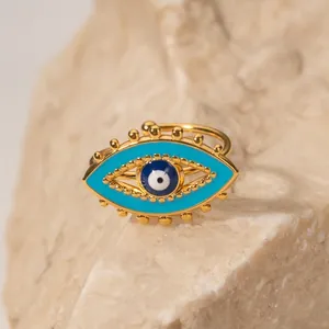 Evil Eye Ring 18K Gold Plated Stainless Steel Blue Enamel Adjustable Open Ring Exotic Jewelry For Women