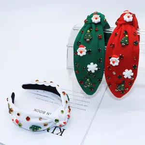 Women Christmas Headband Rhinestone Knotted Wide Festive Hair Hoop With Santa Claus Christmas Tree Snowflakes Decor Party Hair Accessories