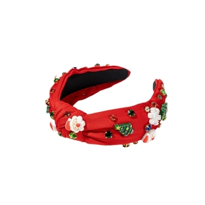 Red knotted Christmas headband with Santa motifs and sparkling colorful rhinestones