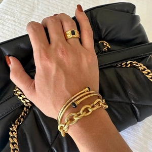 Stainless Steel Bracelet 18K Gold Plated Waterproof For Women Cuban Link Freshwater Pearl Black Gemstone Fashion Jewelry