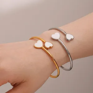 Heart Open Bangle Bracelet Stainless Steel 18K Gold Plated White Enamel Adjustable Simple Fashion Jewelry For Women