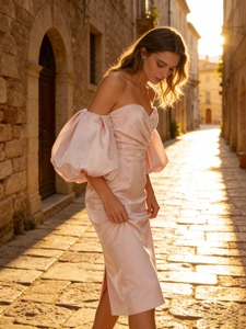 Elegant pink off-the-shoulder midi dress with dramatic puff sleeves for formal events
