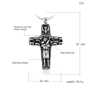 Retro stainless steel cross pendant necklace with embossed religious relief on square chain