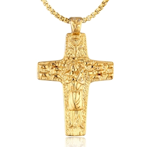 Gold vintage religious cross necklace featuring embossed shepherd and sheep relief
