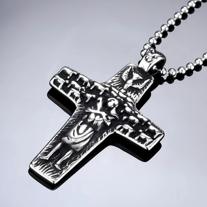Vintage relief cross pendant necklace with Jesus figure and classic bead chain
