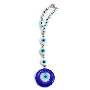 Lucky blue Evil Eye keychain with glass beads and silver accents on white background