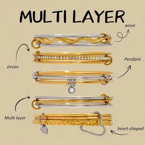 Bracelets Empilables En Acier Inoxydable Pour Femmes Zircon Jonc Multi Rang Hypoallergénique Étanche Pendentif Cœur Bijoux Mode