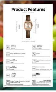 Detailed size specifications for GEDI square quartz watch with brown leather strap