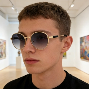 Close-up of men wearing vintage round gold metal sunglasses with gradient blue lenses