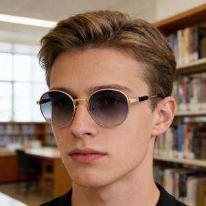 Close-up of retro round metal sunglasses with blue gradient lenses on a male model