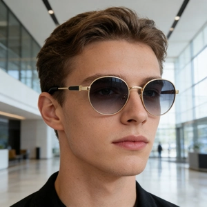 Close-up of golden round metal frame sunglasses with gradient lenses on a male model