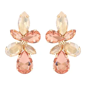 Champagne and pink crystal leaf drop earrings with gold-tone claw settings