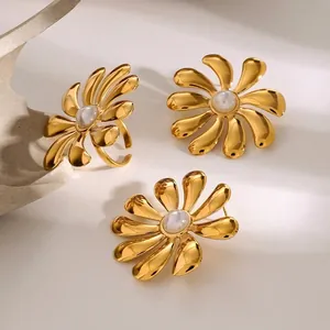 Flower Artificial Pearl Stud Earrings And Adjustable Ring 18K Gold Plated Stainless Steel Floral Jewelry Elegant Fashion For Women