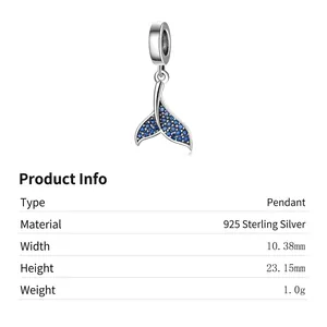 S925 Sterling Silver Mermaid Tail Charm with Blue Zirconia, Size 23x10mm, Weight 1g