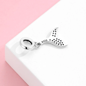 S925 sterling silver mermaid tail charm with black pave-set zircon for DIY bracelets