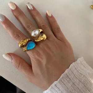 Teardrop Stainless Steel Ring Gold Plated Natural Stone Turquoise Tiger Eye Faux Artificial Pearl Adjustable Waterproof Jewelry