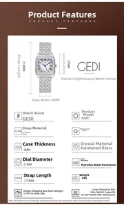 Macro detail of square rhinestone-encrusted watch with dimensions and specifications