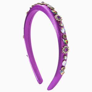 Elegant purple satin headband with handcrafted colorful rhinestones and pearls