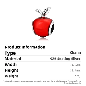 Detailed view of red enamel apple charm in S925 sterling silver for DIY bracelets