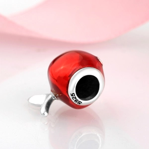 S925 sterling silver red apple charm for DIY bracelets with polished enamel finish