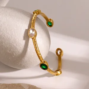 Hammered Stainless Steel Cuff Bracelet Gold Plated Green White Zircon Retro Vintage Waterproof Jewelry For Women