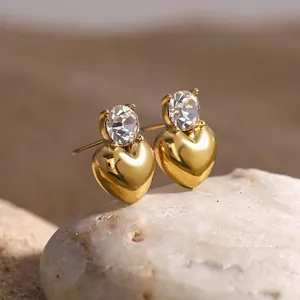 Stainless Steel Heart Stud Earrings with Clear Rhinestone Accents 18k Gold Plated Simple Fashion Heart Shaped Earring Jewelry for Women