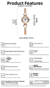 Quartz watch detail showing 20mm rose gold case and heart-shaped hollow alloy strap