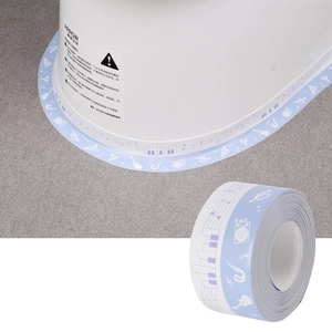 Close-up of blue music themed waterproof sealing strip for bathroom toilet base gap