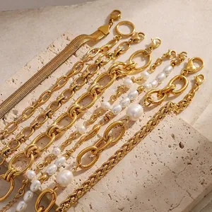 Gold Plated Stainless Steel Artificial Pearl Bracelet For Women Minimalist Link Chain Geometric Layering Jewelry