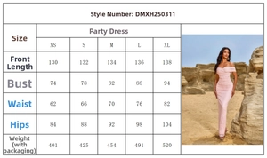 Size chart for elegant pink off-shoulder lace evening dress with detailed measurements