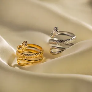 Snake Shaped Adjustable Ring Stainless Steel 18K Gold Plated Scale Texture Hollow Jewelry For Women
