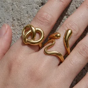 Minimalist Stainless Steel Rings Gold Plated Heart Knot Wave Fluid Waterproof Chic Jewelry For Women